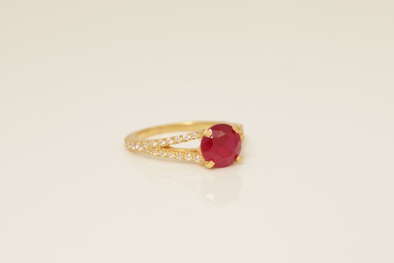 Split Shank Ruby Engagement Ring, July Birthstone Ring, Diamond Halo Anniversary Ring, Bridal Promise Ring Gift for Her